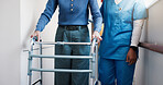 Nurse, hands and old woman in hospital with walker, checkup and assistance for stroke rehabilitation. Healthcare worker, support and senior person with disability, mobility aid and physiotherapy.