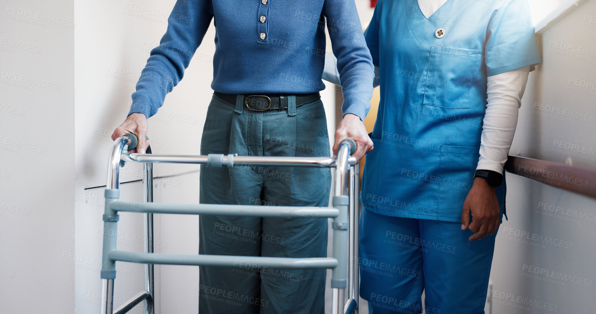 Buy stock photo Nurse, hands and old woman in hospital with walker, checkup and assistance for stroke rehabilitation. Healthcare worker, support and senior person with disability, mobility aid and physiotherapy.