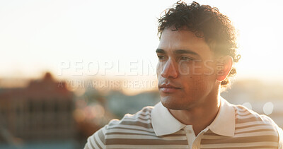 Buy stock photo Sunset, city and man is thinking with flare, idea or perspective with decision mindset and space. Person, urban and planning for future, evening mindfulness or consider choice with reflection in town