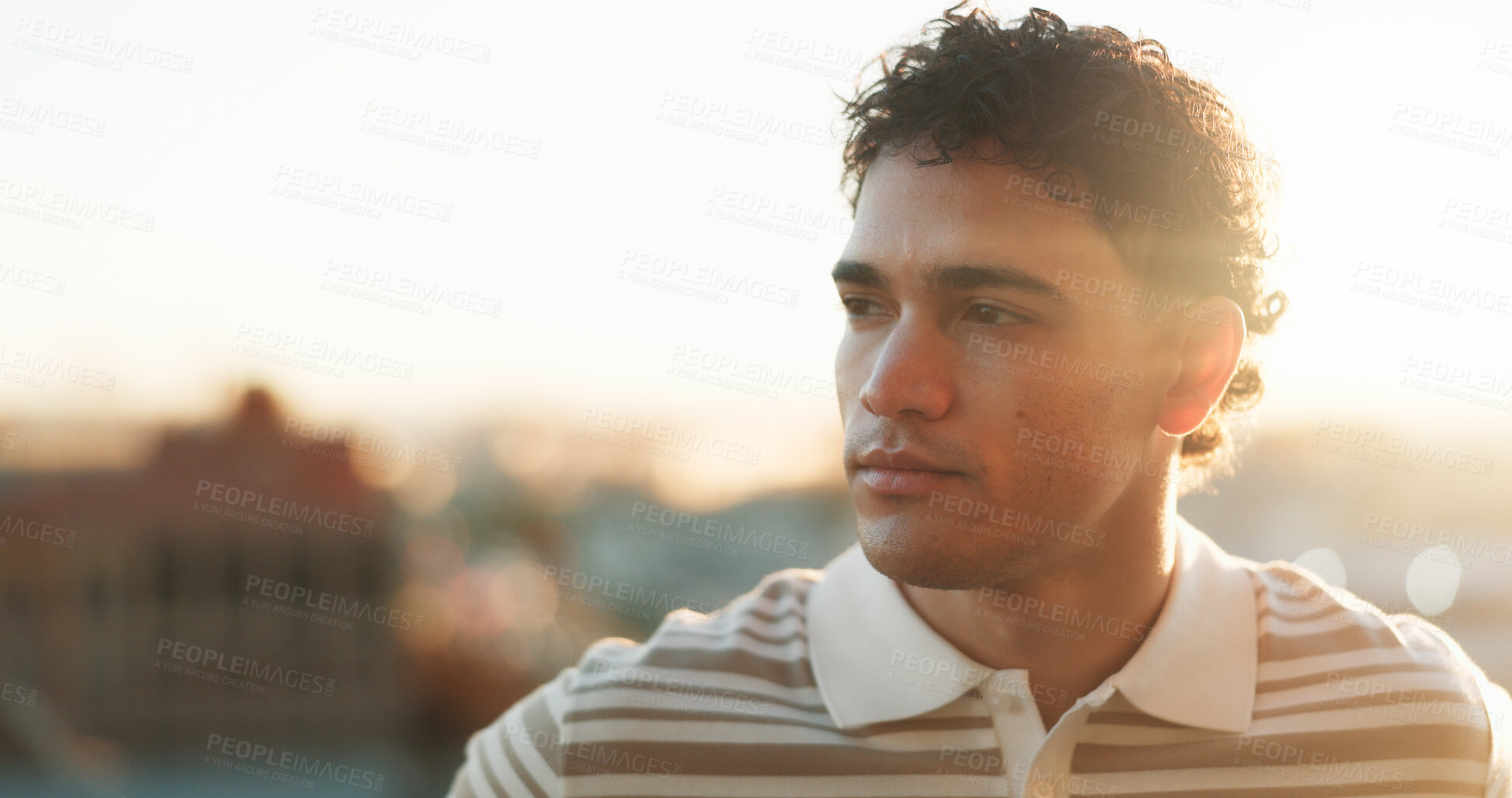 Buy stock photo Sunset, city and man is thinking with flare, idea or perspective with decision mindset and space. Person, urban and planning for future, evening mindfulness or consider choice with reflection in town