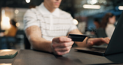 Buy stock photo Businessman, hands and credit card with laptop in office for online shopping, purchase or payment. Man, employee or shopper with debit or computer for ecommerce, wireless transaction or banking app
