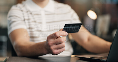 Buy stock photo Man, hands and credit card with laptop in office for online shopping, purchase or payment. Businessman, employee or shopper with debit or computer for ecommerce, wireless transaction or banking app