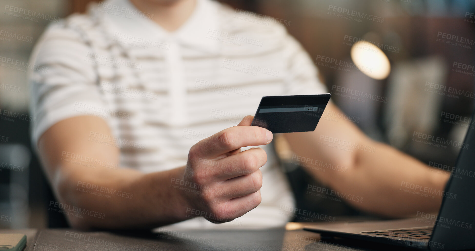 Buy stock photo Man, hands and credit card with laptop in office for online shopping, purchase or payment. Businessman, employee or shopper with debit or computer for ecommerce, wireless transaction or banking app