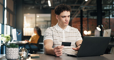 Buy stock photo Man, laptop or online shopping with credit card in office for virtual purchase or remote payment. Businessman, employee or shopper with debit or computer for ecommerce, web transaction or banking app