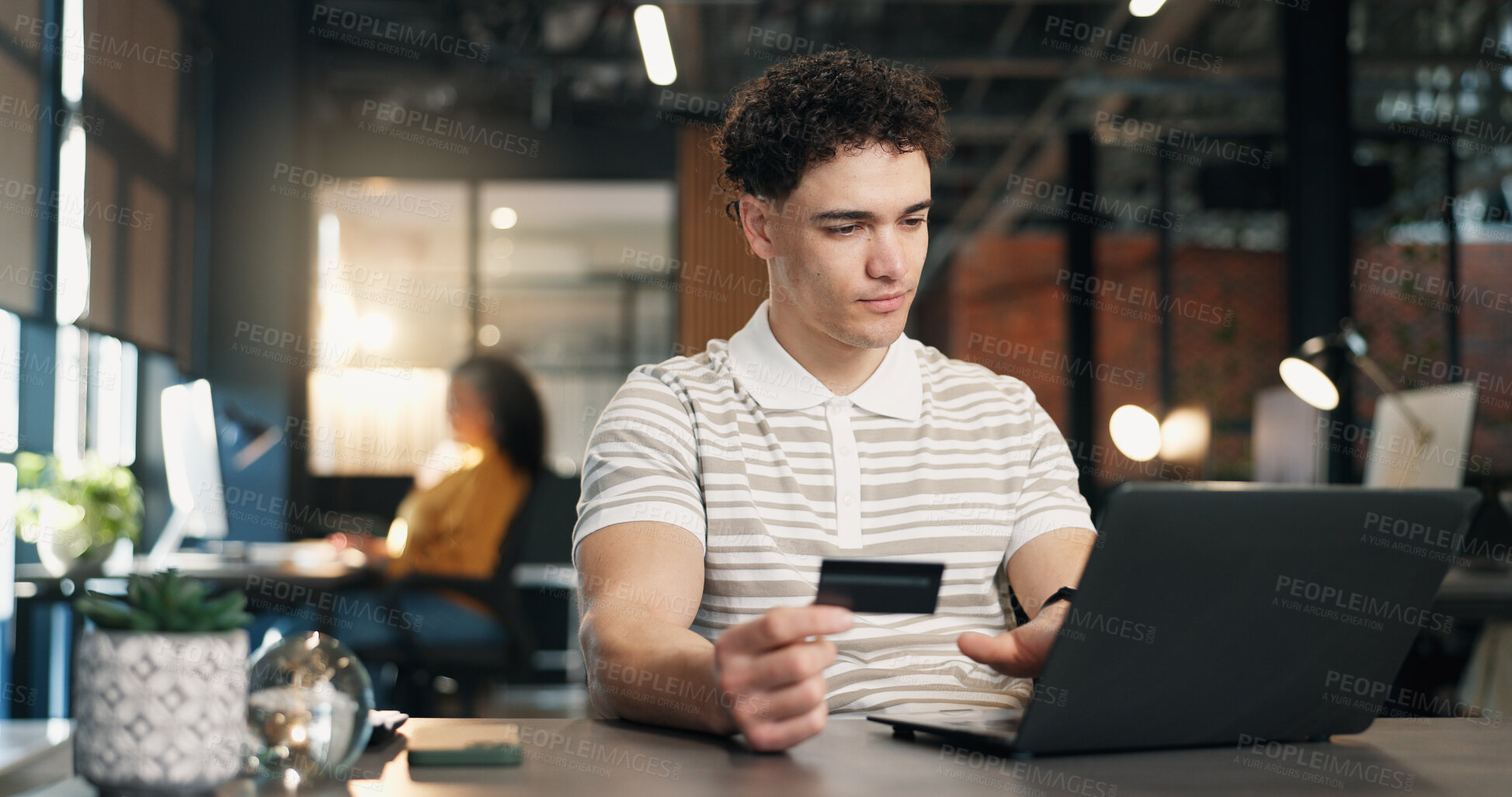 Buy stock photo Man, laptop or online shopping with credit card in office for virtual purchase or remote payment. Businessman, employee or shopper with debit or computer for ecommerce, web transaction or banking app