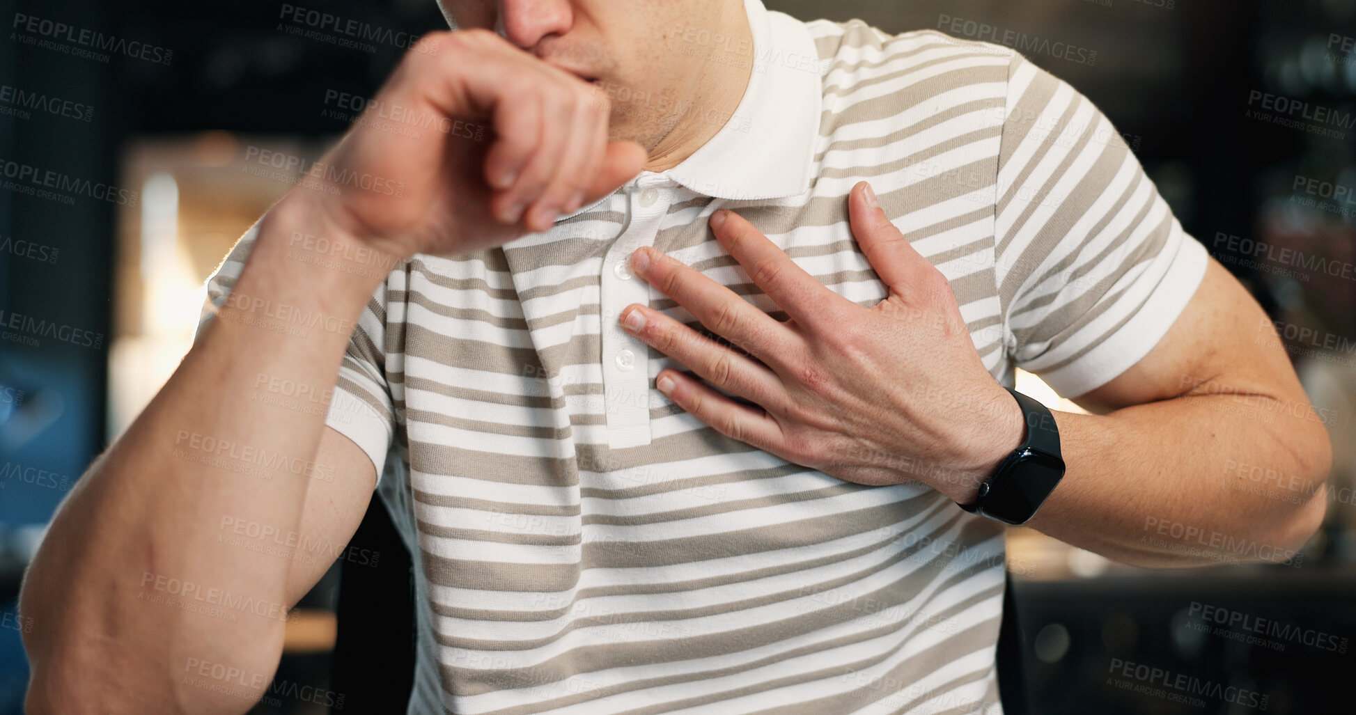 Buy stock photo Businessman, cough and chest pain in office for viral infection, discomfort or chronic condition. Sick, male person or illness with heart, asthma attack or sinus for allergic reaction in workplace