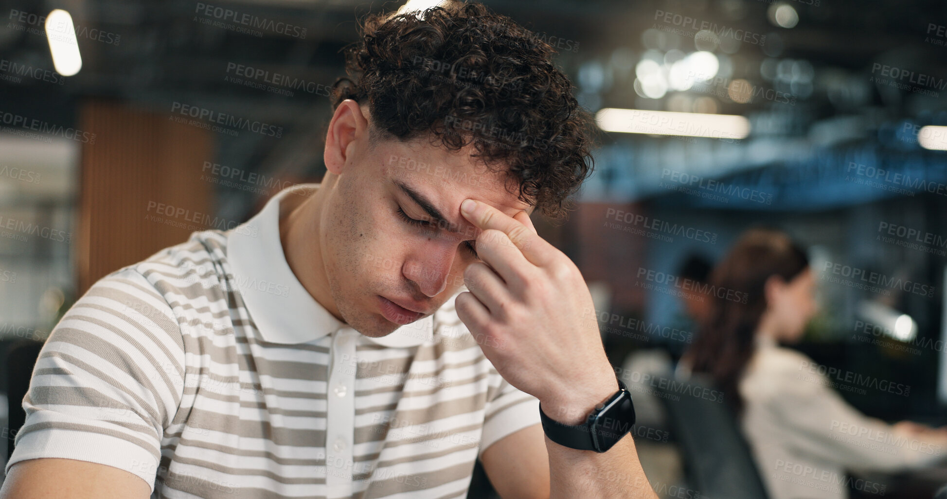 Buy stock photo Headache, stress and businessman in office with fatigue, burnout or mistake on web development. Tired, vertigo and UX designer with pressure for prototype error, exhaustion or negative feedback.