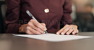 Buy stock photo Woman, hands and signature with documents in office for contract, legal agreement or policy. Female person, employee or signing with form, application or registration for deal or business opportunity