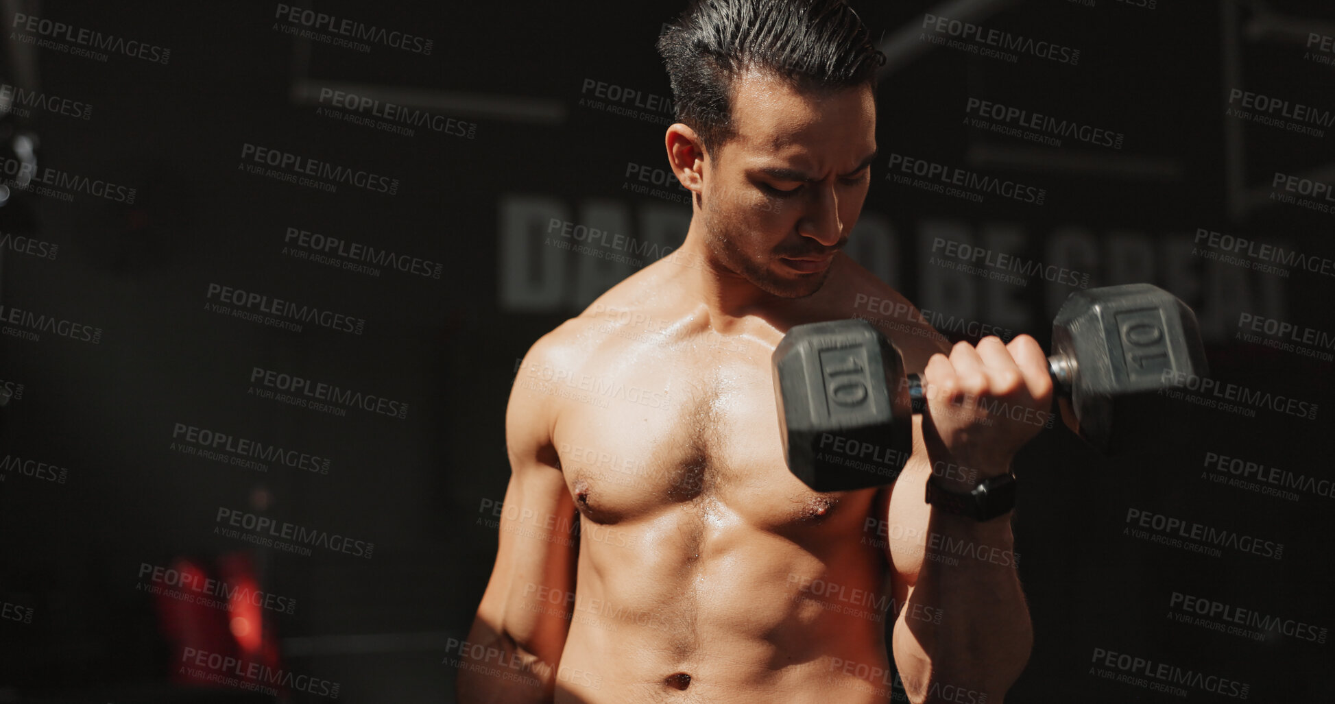 Buy stock photo Fitness, gym and bodybuilder man with dumbbells or weights for training, muscle growth and self care. Iron, workout and person with health club membership for exercise, strong arms and wellness