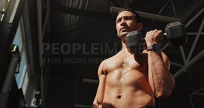 Buy stock photo Thinking, gym and bodybuilder man with dumbbells or weights for training, exercise and self care. Iron, workout and person with health club membership for fitness, strong arm muscle and wellness