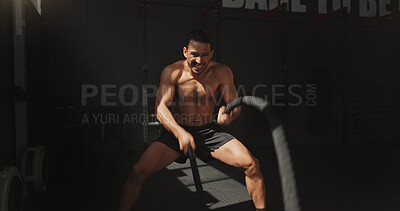 Buy stock photo Fitness, gym and man with battle rope and resilience for training, muscle growth and space. Grip endurance, workout and person with health club membership for exercise, strong bodybuilder or wellness