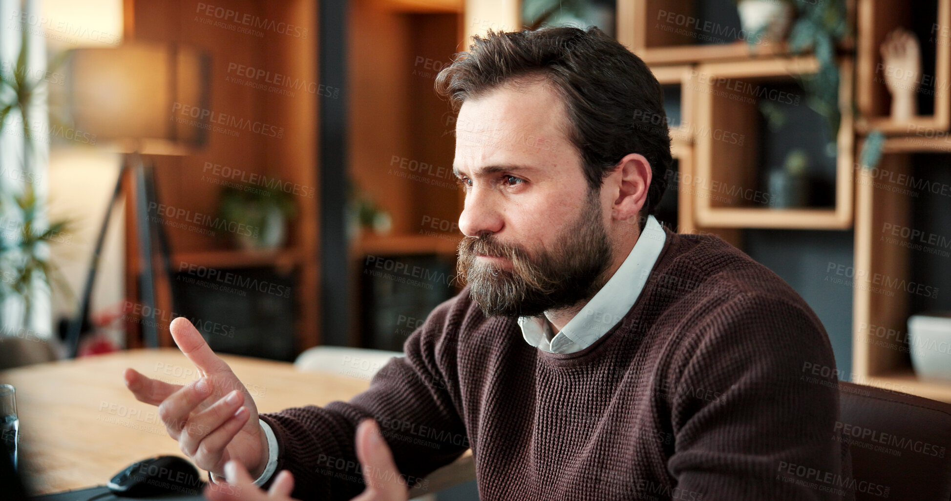 Buy stock photo Confused, office and business man with stress for work crisis, mistake and fail at financial agency. Thinking, finance and person with problem solving for risk assessment, error and doubt for report