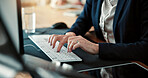 Report, computer and hands in office with keyboard, research and budget review for investment pitch. Digital, woman and finance advisor with tech, portfolio check or proposal draft for funding