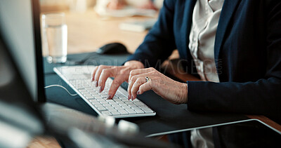 Buy stock photo Report, computer and hands in office with keyboard, research and budget review for investment pitch. Digital, woman and finance advisor with tech, portfolio check or proposal draft for funding