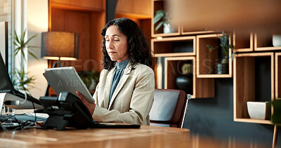 Buy stock photo Business, report and woman in office with tablet, research and budget review for investment pitch. Digital, reading and mature finance advisor with tech, portfolio check or proposal ideas for funding