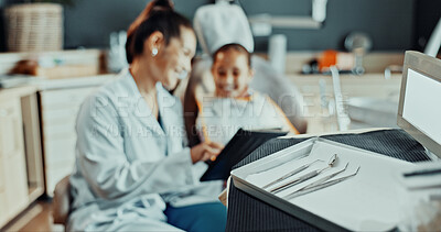 Buy stock photo Dental, tools or girl with dentist for cleaning, cavity or gum disease in consultation for help. Smile, talking or client with woman for teeth whitening, oral care or treatment for mouth procedure