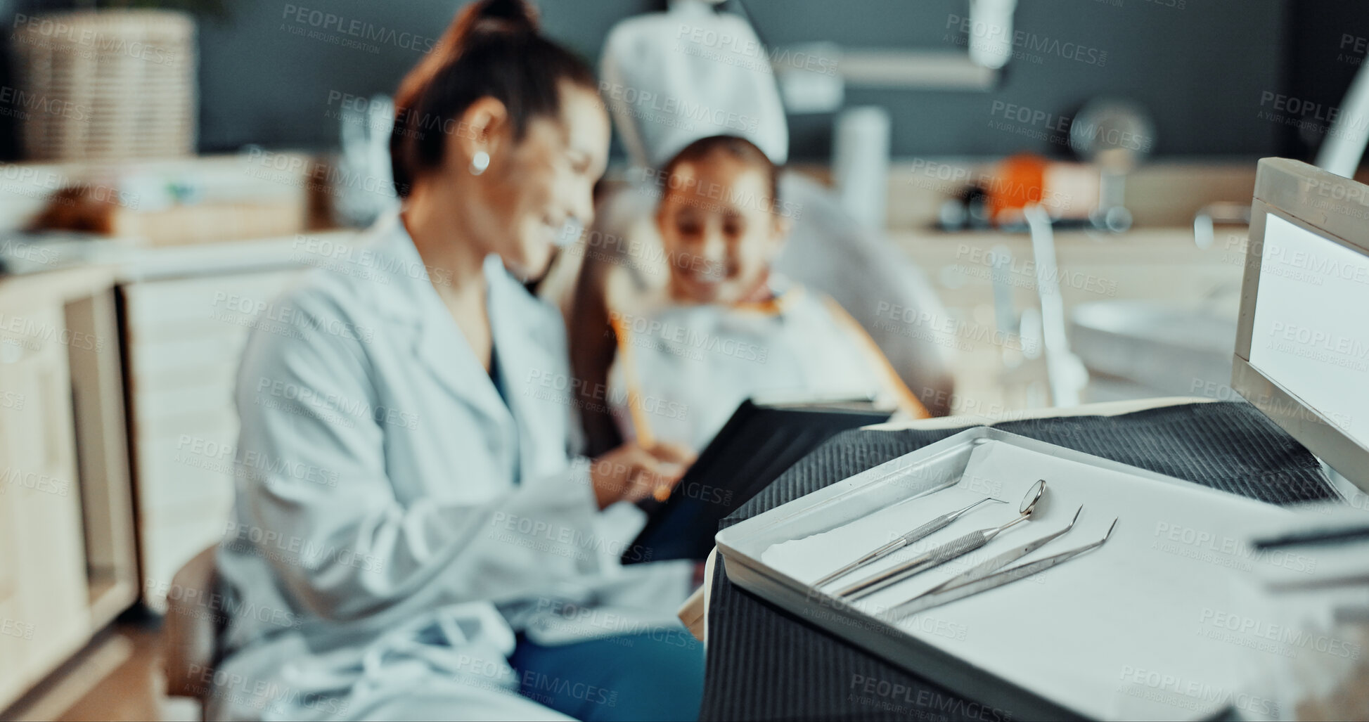 Buy stock photo Dental, tools or girl with dentist for cleaning, cavity or gum disease in consultation for help. Smile, talking or client with woman for teeth whitening, oral care or treatment for mouth procedure