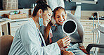 Dentist, mirror and smile of child in medical clinic for results of mouth care or teeth whitening. Dental, satisfaction and woman with girl in dentistry office for oral hygiene or procedure success