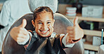 Portrait, girl or dentist with thumbs up in clinic for dental hygiene, treatment or success. Child, kid or patient with big smile, like emoji or yes sign for dentistry satisfaction or oral healthcare