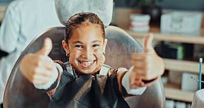 Buy stock photo Portrait, girl or dentist with thumbs up in clinic for dental hygiene, treatment or success. Child, kid or patient with big smile, like emoji or yes sign for dentistry satisfaction or oral healthcare
