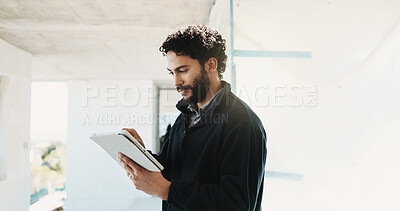 Buy stock photo Building, inspector and man with tablet, scroll or quality assurance for property development on web. Construction site, inspection and happy person with technology, space and safety check update