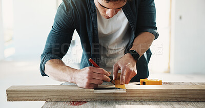 Buy stock photo Carpenter, man and ruler on wood for accuracy, drawing line or quality assurance in warehouse. Joiner, framing square and pencil with timber for woodworking, craft or material preparation for project