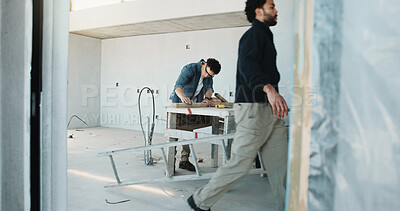 Buy stock photo Construction, walking and men in building for renovation, remodeling project and engineering. Architecture, team and people with ladder for infrastructure, property development and maintenance