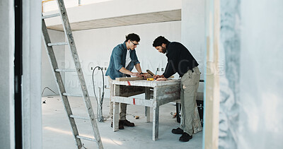 Buy stock photo Construction, planning and men in home for renovation, remodeling project and building. Architecture, team and people with tools for infrastructure, property development and blueprint for residence