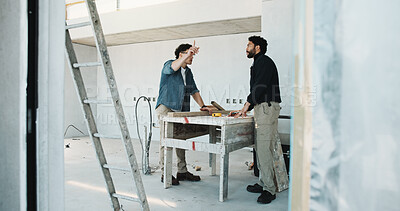 Buy stock photo Construction, planning and men in building for renovation, remodeling project and meeting. Architecture, team and people with tools for infrastructure, property development and blueprint for layout