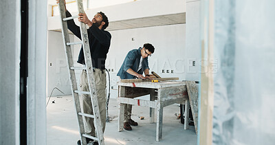 Buy stock photo Discussion, planning and construction team on site for renovation, maintenance or remodeling. Meeting, men and civil employees in collaboration with property development, building or repairs.