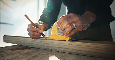 Buy stock photo Carpenter, hands and measuring tape on wood for accuracy, drawing line or quality assurance. Man, tools and pencil with timber for woodworking, dimensions or material preparation for creative project