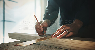 Buy stock photo Carpenter, hands and ruler on wood for accuracy, drawing line or quality assurance in warehouse. Man, framing square and pencil with timber for woodworking, craft or material preparation for project