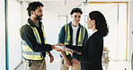 Tablet, handshake and construction team with inspector for site visit, safety rule and happy. Woman, men and tech in meeting at worksite for shaking hands, agreement and partnership for success