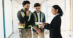 Tablet, happy and construction team with building inspector for site visit, safety rule and idea. Woman, men and tech in meeting at worksite for brainstorming, progress update and communication