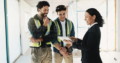 Buy stock photo Tablet, happy and construction team with building inspector for site visit, safety rule and idea. Woman, men and tech in meeting at worksite for brainstorming, progress update and communication