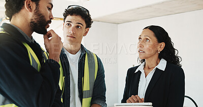 Buy stock photo Tablet, talking and construction team with building inspector for site visit, safety rule and serious. Women, men and tech in meeting at worksite for code violation, problem solving and communication