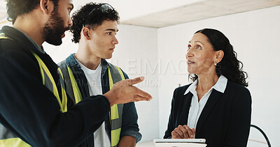 Buy stock photo Tablet, talking and construction team with happy inspector for site visit, safety rule and idea. Woman, men and tech in meeting at worksite for brainstorming, progress update and communication