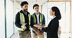 Tablet, discussion and construction team with building inspector for site visit, safety rule and serious. Woman, men and tech in meeting at worksite for code violation, problem solving and planning
