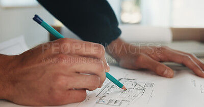 Buy stock photo Architect, hands and blueprint on site for renovation, drawing and planning property restoration. Man, pencil and floorplan at worksite for remodeling, building compliance and engineering design