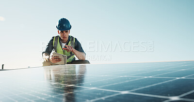 Buy stock photo City, inspection and man with tablet for solar panel installation, maintenance and renewable energy. Engineering, rooftop and technician on tech to check grid, sustainable electricity and power
