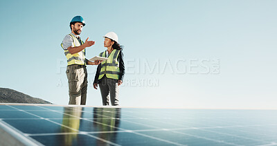 Buy stock photo City, talking and people with tablet for solar panel installation, inspection and planning for energy. Engineering, team and technician on tech for grid maintenance, renewable electricity and power