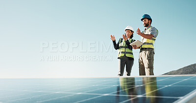 Buy stock photo City, meeting and people with tablet for solar panel installation, inspection and planning for energy. Engineering, space and technicians on tech for grid maintenance, renewable electricity and power