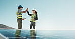 Solar, technician or team high five for green energy credits, inspection pass or PTO success on tech. Tablet, happy people and celebration on rooftop for panel installation, PV inverter fix and space