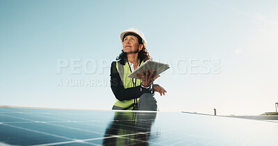 Buy stock photo City, thinking and woman with tablet for solar panel installation, inspection and planning for energy. Engineering, rooftop and person on tech for grid maintenance, renewable electricity and power