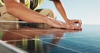 Buy stock photo City, inspection and hands of man with solar panel for installation, maintenance or renewable energy. Engineering, technician and person on rooftop to check grid, sustainable electricity and power