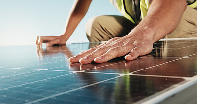 Buy stock photo Rooftop, inspection and hands of man with solar panel for installation, maintenance or renewable energy. Engineering, technician and person outdoor to check grid, sustainable electricity and power