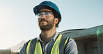 Technician, man and thinking at site with PPE, construction idea and vision for property development. Contractor, electrician and person outdoor with safety gear, reflection or decision for building.