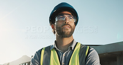 Buy stock photo Technician, man and thinking at construction site with PPE, idea and vision for property development. Contractor, electrician and person outdoor with safety gear, reflection or decision for building.