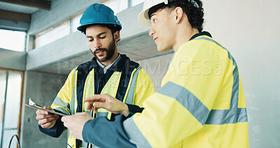 Buy stock photo Team, engineer and checklist for construction planning, inspection schedule or timesheet at site. Men, clipboard and conversation for civil engineering, development progress or building safety report