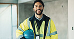 Smile, man and electrician with helmet for construction, safety and utilities for architecture. Portrait, person and technician with hard hat for ppe, electrical supervisor and building development